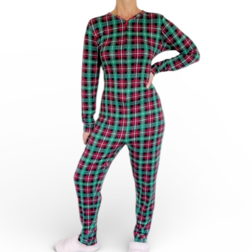 SO red green plaid print one piece zip up bodysuit pajamas size large